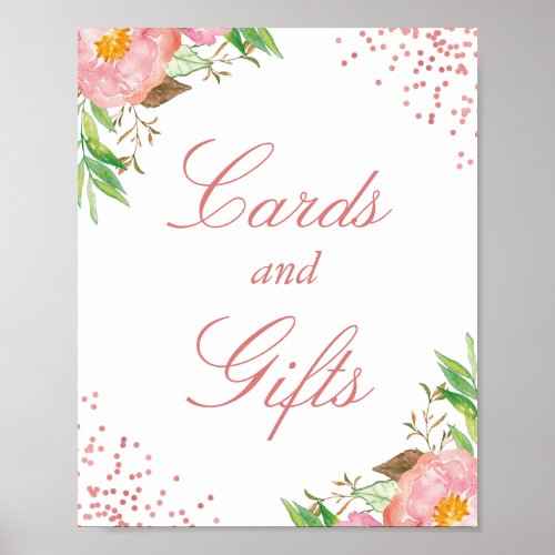 Card and Gifts Chic Floral Pink Rose Gold Confetti Poster