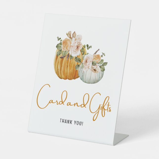 Card and Gifts Watercolor Fall Baby Shower Pedestal Sign (Front)
