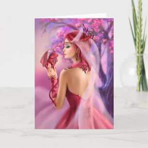 Card Beautiful fantasy woman queen and red dragon