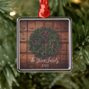 Card Catalog with Wreath - Personalize Metal Ornament