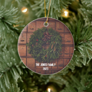 Card Catalog Wreath Personalized Family Name Ceramic Ornament