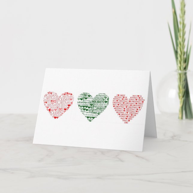 Card Christmas Holiday Three Hearts Red Green (Front)