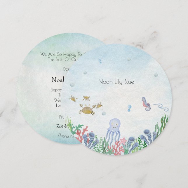 Card (Circle) - Birth Announcement Ocean (Front/Back)