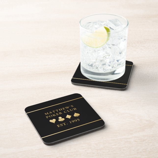 Card Club Custom Gold Name and Card Playing Suits Beverage Coaster (Right Side)