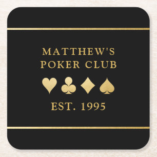 Card Club Custom Gold Name and Playing Suits Square Paper Coaster