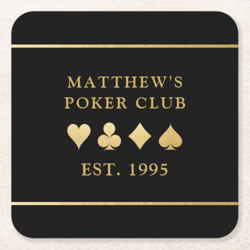 Card Club Custom Gold Name and Playing Suits Square Paper Coaster