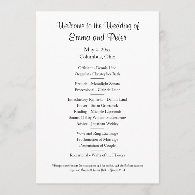 Card/Downloadable Simple One-Sided Wedding Program (Front)