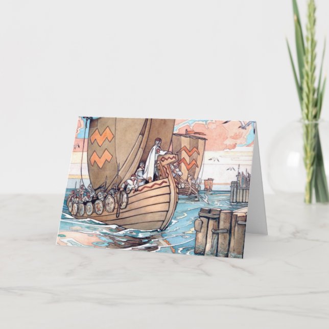 Card- Estonian Viking Boat at Harbour Holiday Card (Front)