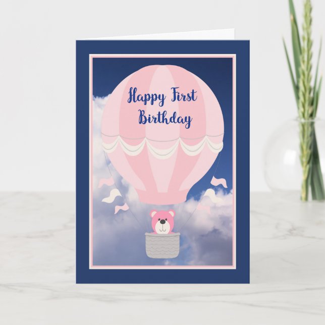 Card for a First Birthday, Hot Air Balloon & Bear (Front)