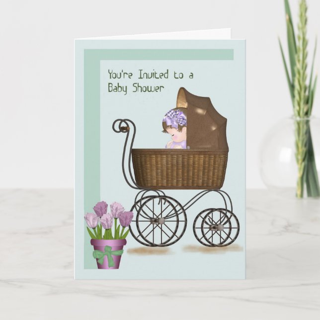 Card for Baby Shower with Baby in Retro Pram (Front)