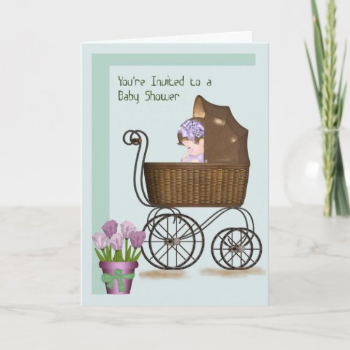 Card for Baby Shower with Baby in Retro Pram