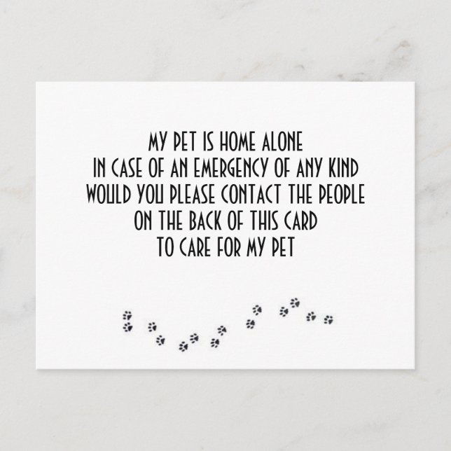 CARD FOR "YOUR PET" IN CASE YOU HAVE AN EMERGENCY (Front)