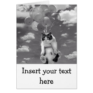 Card: Funny cat flying with Balloons