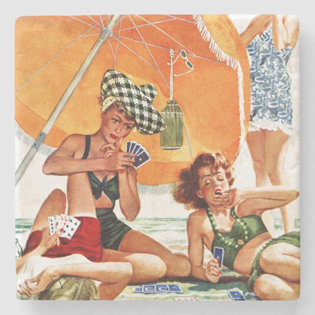 Card Game at the Beach by Alex Ross Stone Coaster (Front)