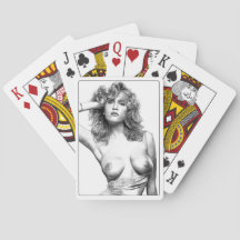 Card game, topless woman