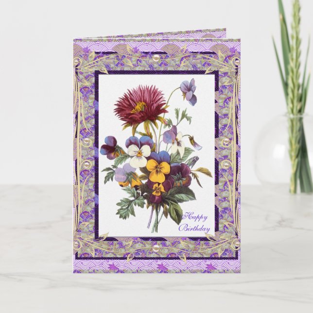 Card Greeting Vintage Floral Mauve Flowers (Front)