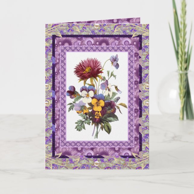 Card Greeting Vintage Floral Mauve Flowers (Front)
