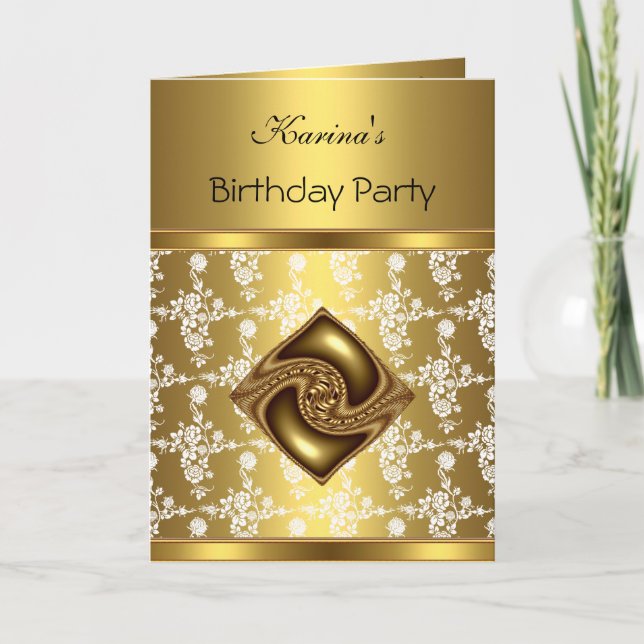 Card Invite Birthday Party Gold Floral (Front)