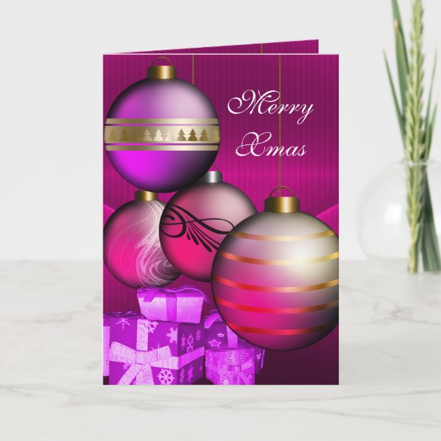 Card Merry Xmas Plum Pink Balls (Front)