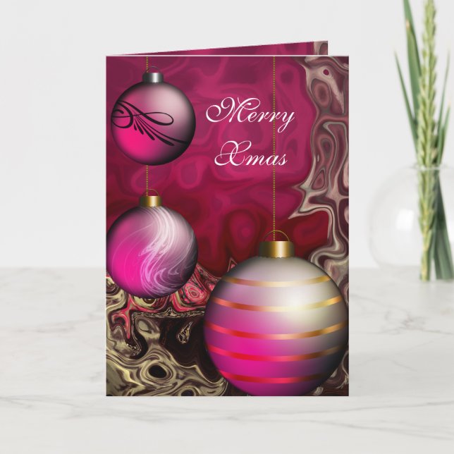Card Merry Xmas Plum Pink Balls (Front)