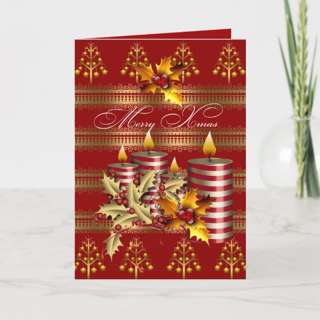 Card Merry Xmas Red Gold Christmas Candles (Front)
