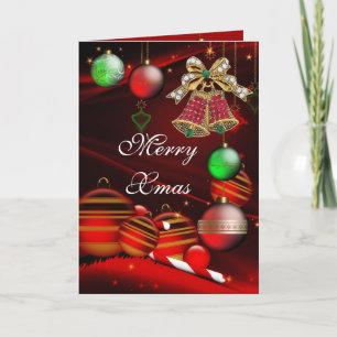 Card Merry Xmas Red Green Christmas Bells Balls