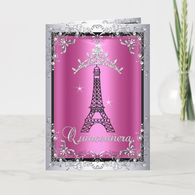 Card Quinceanera Pink Silver Tiara Eiffel Tower (Front)