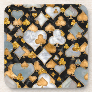 Card Suits Symbols pattern - Black, Pearl and Gold Beverage Coaster