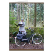 Card —Victorian lady writing in woods, with bike (Front)