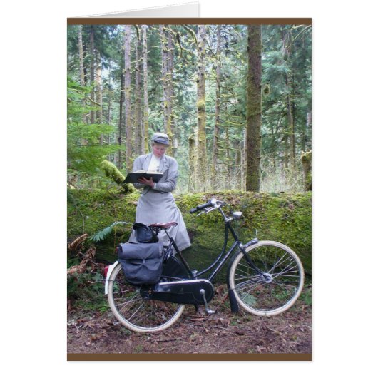 Card —Victorian lady writing in woods, with bike (Front)