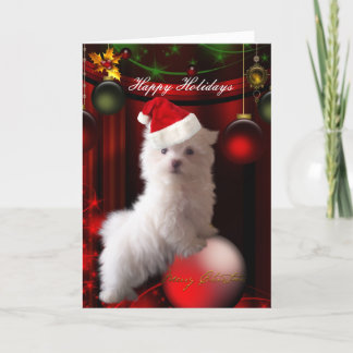 Card White Puppy Dog Flowers "Happy Holidays"