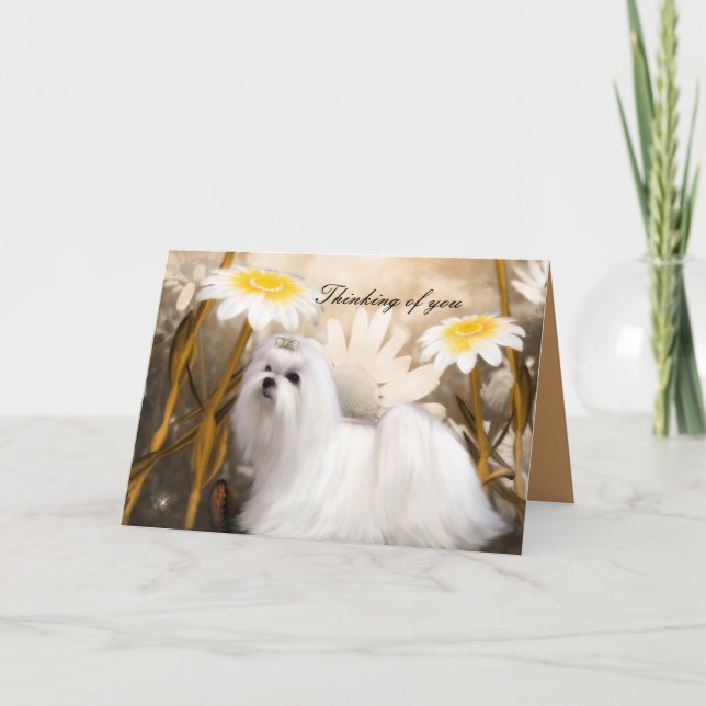 Card White Puppy Dog Flowers "Thinking of you" (Front)