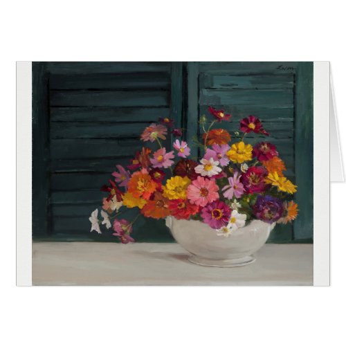 Card with a joyful bouquet of colorful flowers