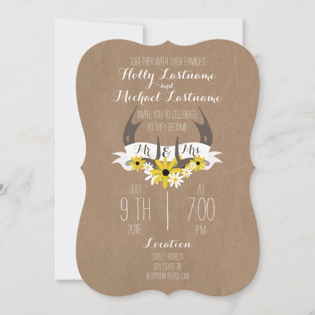 Cardboard Inspired Antlers + Wildflowers Wedding Invitation (Front)
