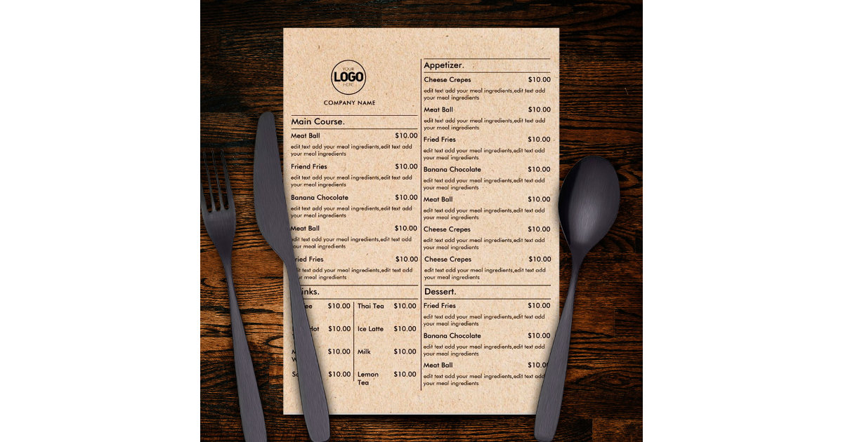Cardboard Restaurant Table Menu Cards Flat Menu | Zazzle