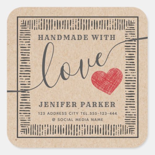 Cardboard  vintage script handmade red heart  square sticker