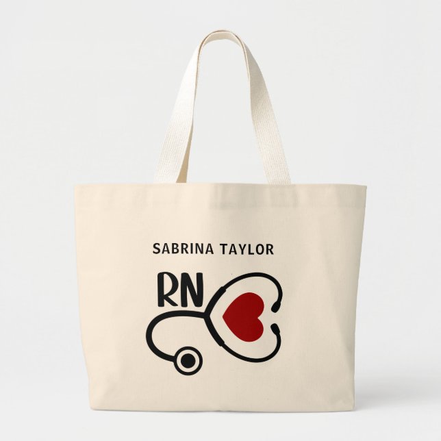 Cardiac Nurse Heart Stethoscope RN Large Tote Bag (Front)