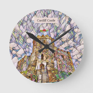 Cardiff Castle Personalized Abstract Digital Art   Round Clock