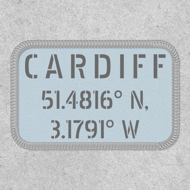 Cardiff Wales Latitude & Longitude Iron On Patch (Front)