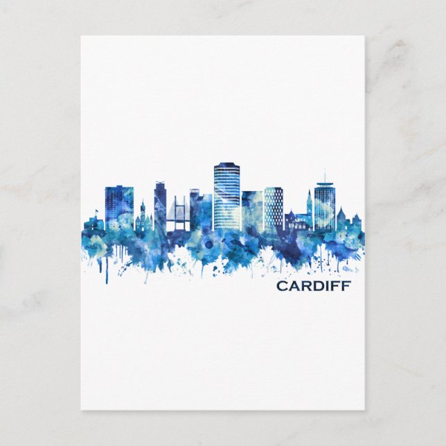 Cardiff Wales Skyline Blue Invitation Postcard (Front)