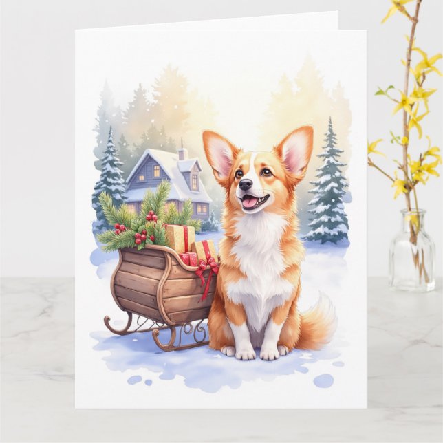 Cardigan Welsh Corgi Festive Sleigh Christmas Art Card (Yellow Flower)