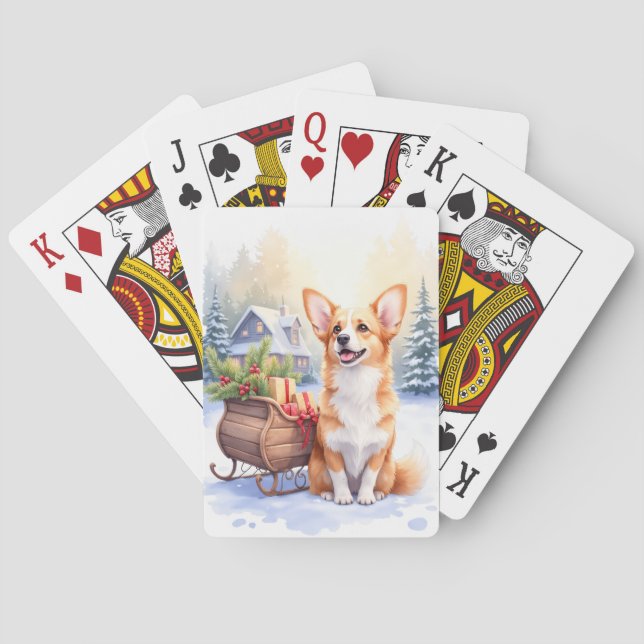 Cardigan Welsh Corgi Festive Sleigh Christmas Art Poker Cards (Back)