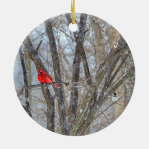 Cardinal and Chickadee Ceramic Ornament