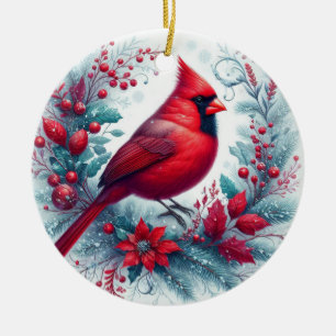 Cardinal and Christmas Holly Ceramic Ornament