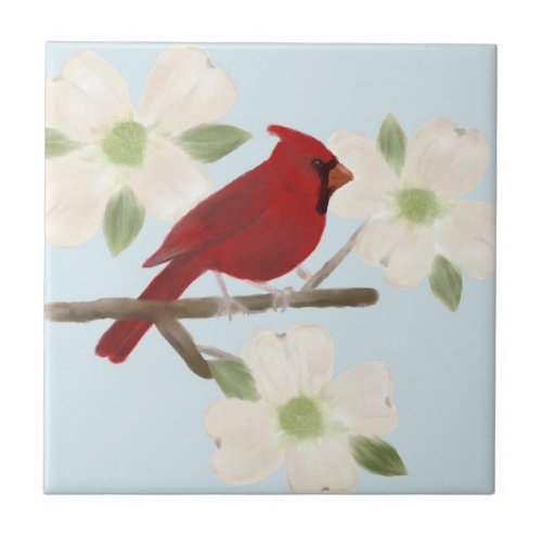 Cardinal and Dogwood Watercolor Ceramic Tile