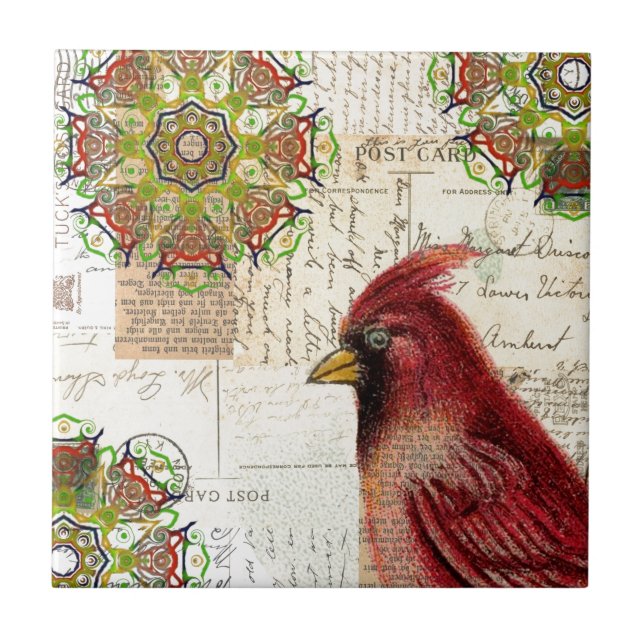 Cardinal and Ephemera Collage Tile (Front)