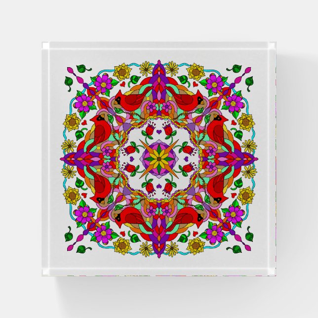 Cardinal and Flowers Mandala  Paperweight (Front)