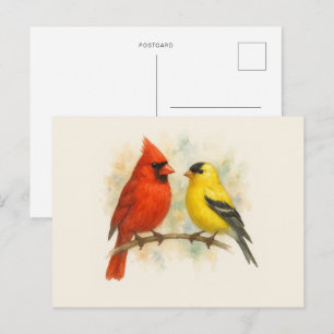Cardinal and Goldfinch Watercolor Minimalist Postcard