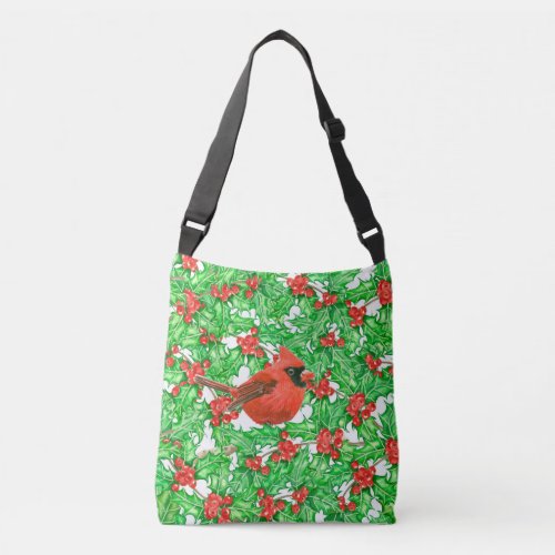 Cardinal and holly berry watercolor pattern crossbody bag