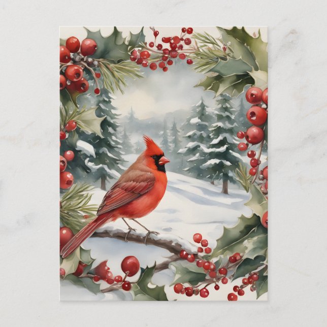 Cardinal and Holly Holiday Postcard (Front)